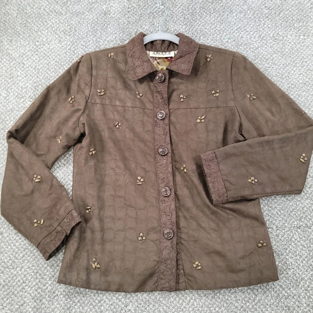 Anage Brown Studded Faux Suede Embroidered Jacket XS Floral Lining Boho Western